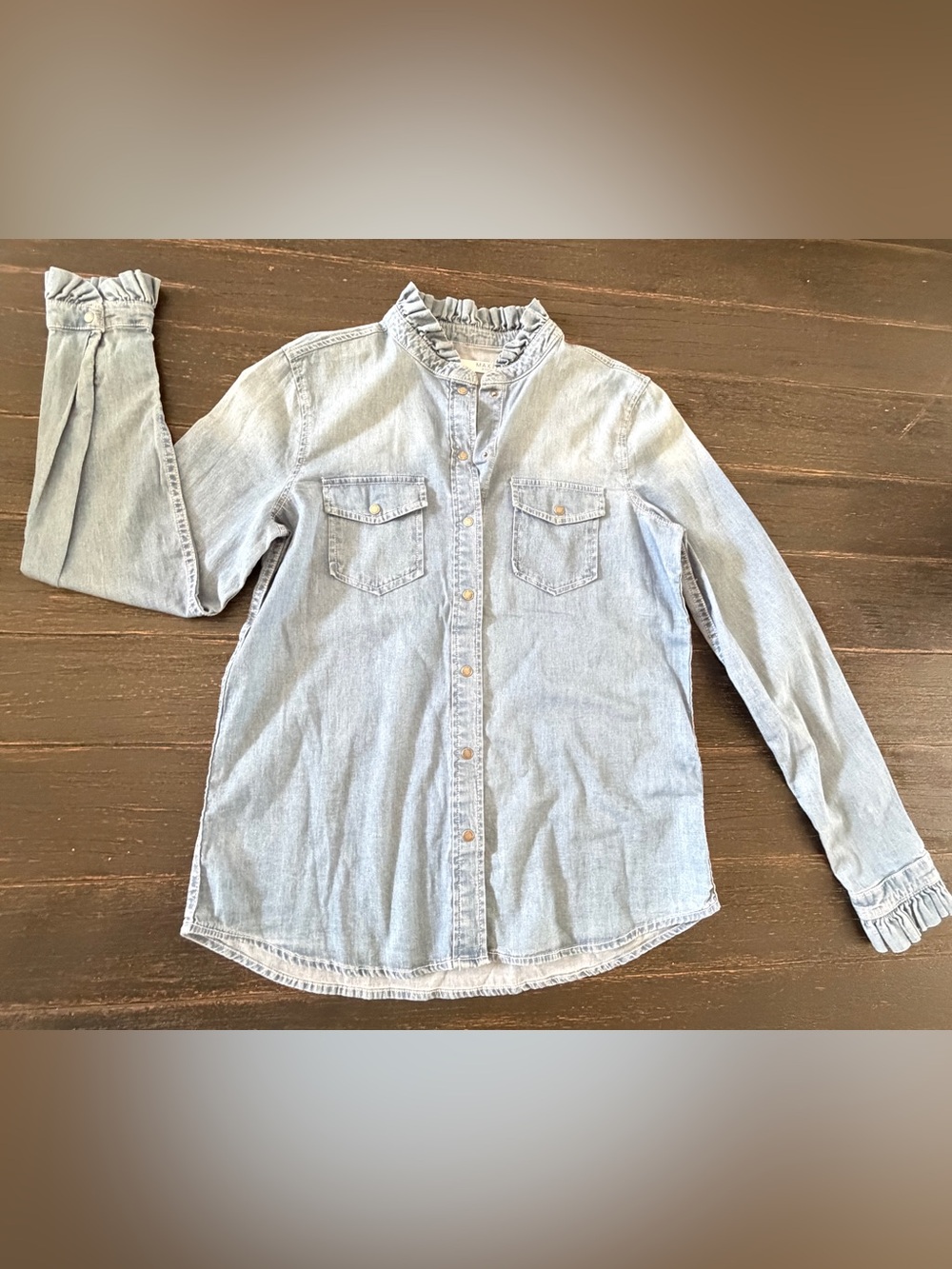 Light Wash Ruffle Collar Denim Button-Up Shirt (Unworn)